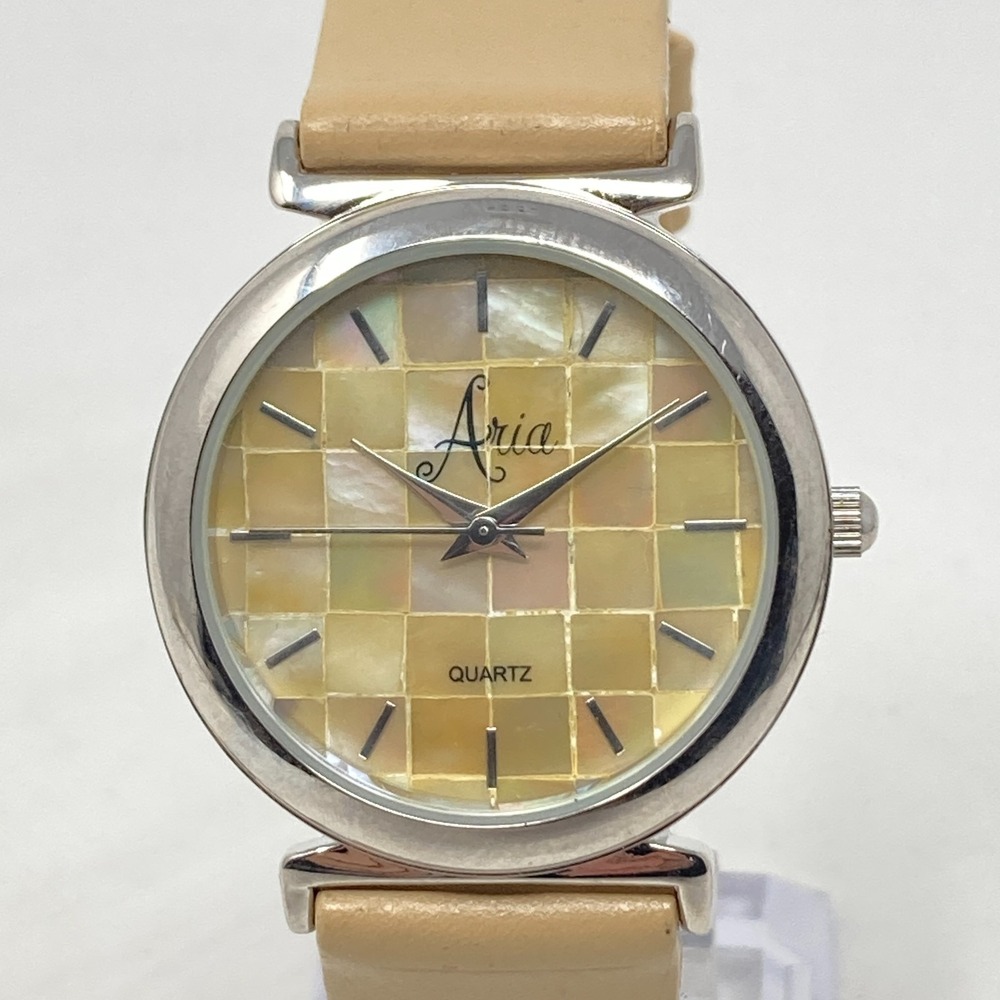 Aria Womens Watch 34mm Silver Tone Beige Tan MOP Mosaic Round New Battery 8"